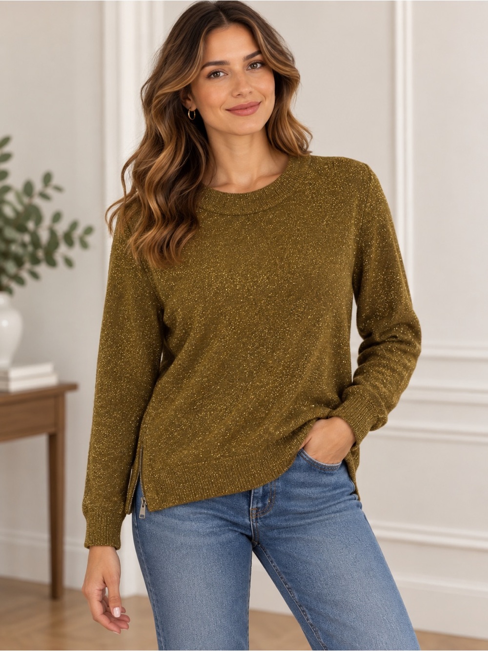 H&M Concious Olive Green Sparkle Crewneck Sweater size M